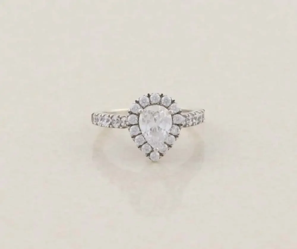 Sterling Silver Sparkly Pear Cut Halo Cubic Zirconia Ring 6 1/4 Engagment Ring